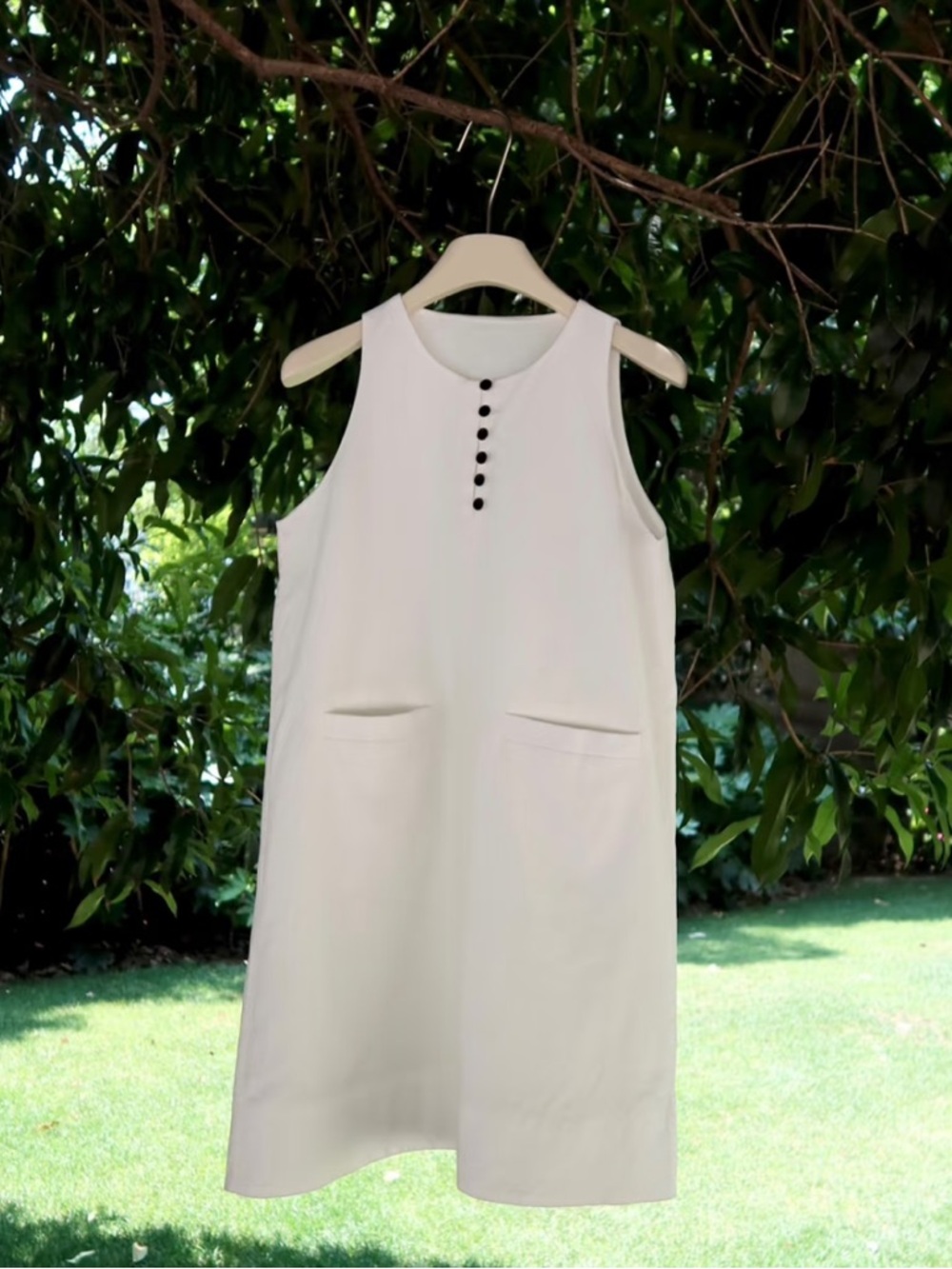 White Sleeveless Shift Dress with Button Detail
